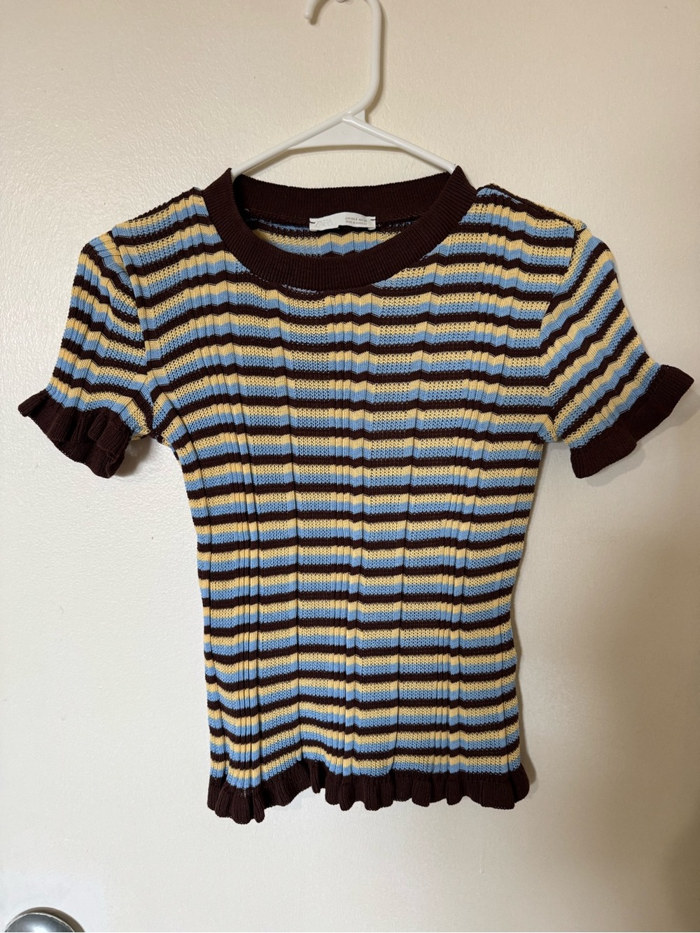 Zara Brown, Yellow & Blue Striped Short Sleeve Knit Top